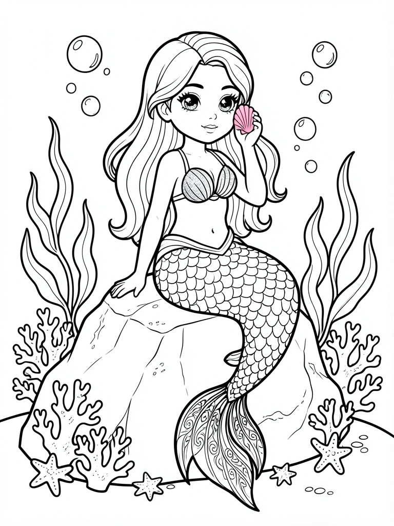 Sereia de cabelos longos e olhos grandes sentada em rocha texturizada, segurando concha rosa no ouvido, cercada por algas e corais, bolhas e estrelas-do-mar, estilo line art preto e branco.
