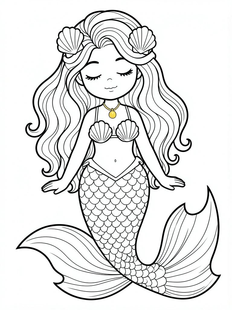 Sereia princesa deitada com cabelos ondulados, concha no cabelo, sutiã de conchas e cauda escamada, em preto e branco, linha fina, fundo branco.