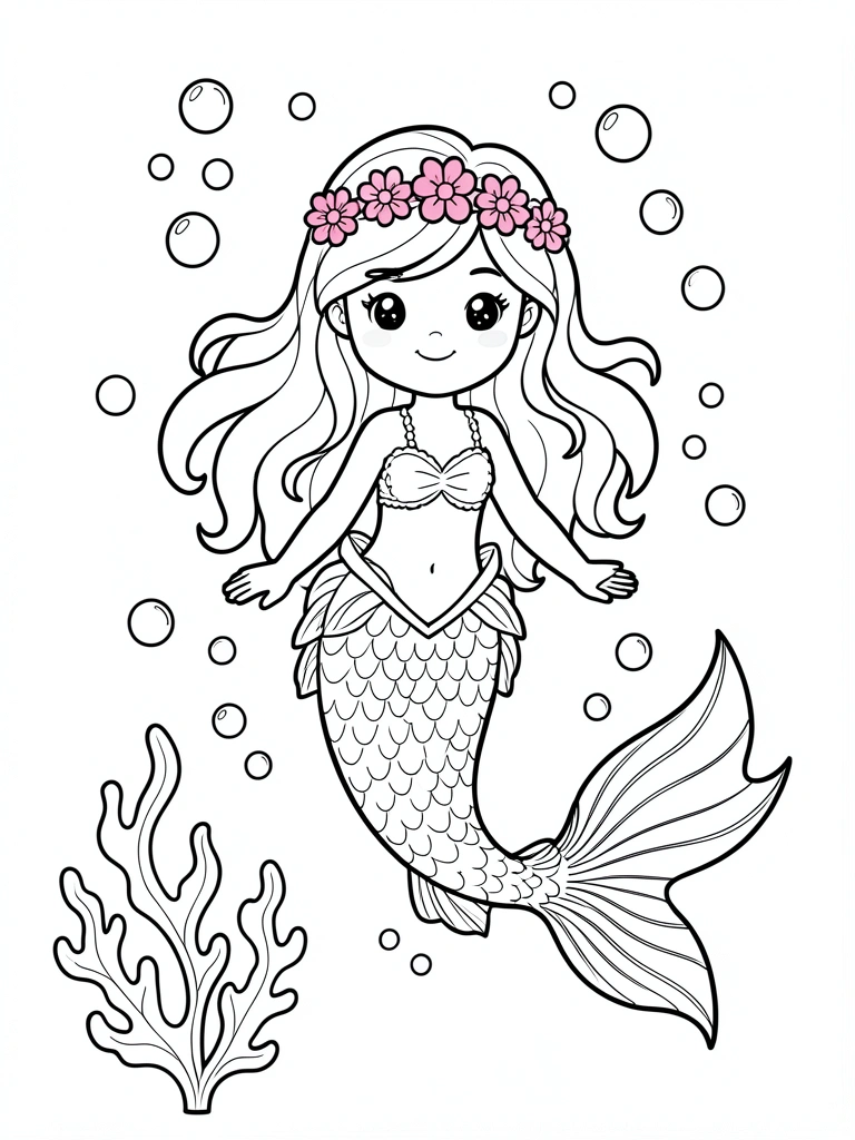 Sereia com coroa de flores, cabelos longos e cauda com barbatanas, nadando entre bolhas e alga estilizada, traço preto e branco, fundo branco.