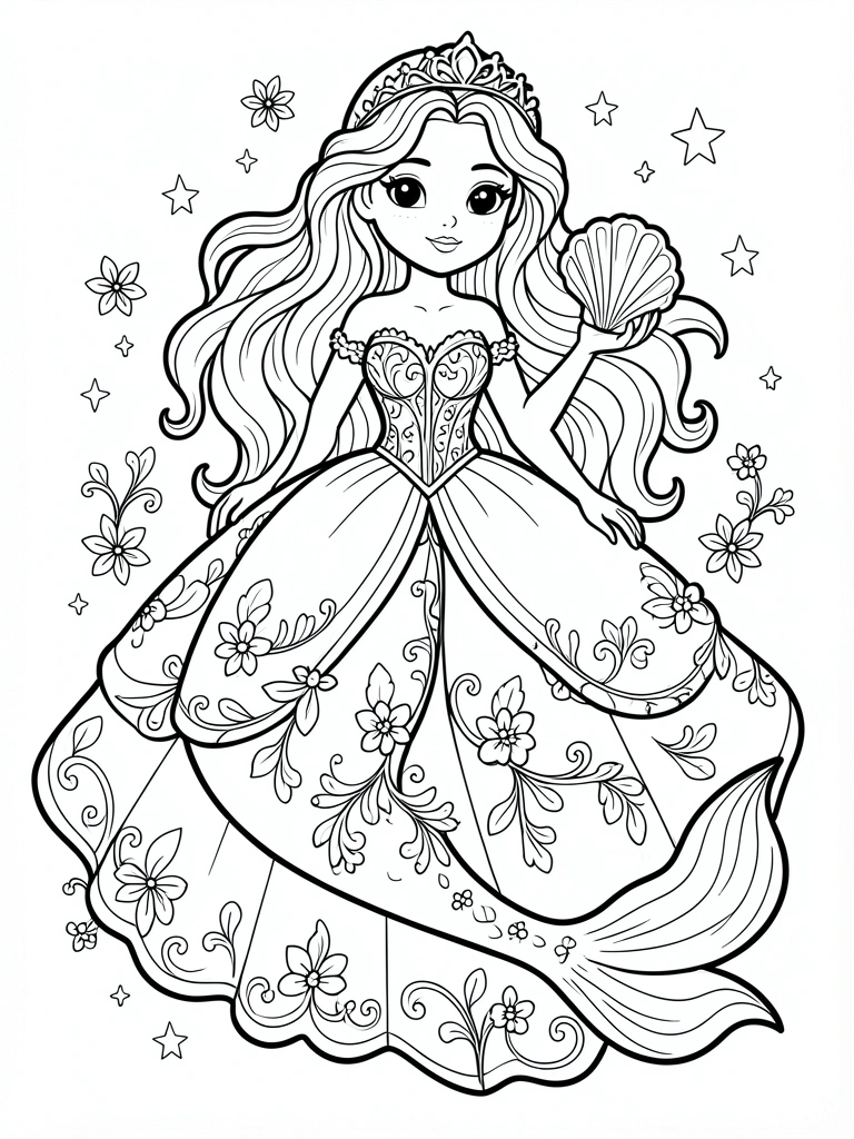 Sereia princesa cartoon com cabelo longo, vestido detalhado e concha, traços pretos, fundo branco, estrelas e flores.