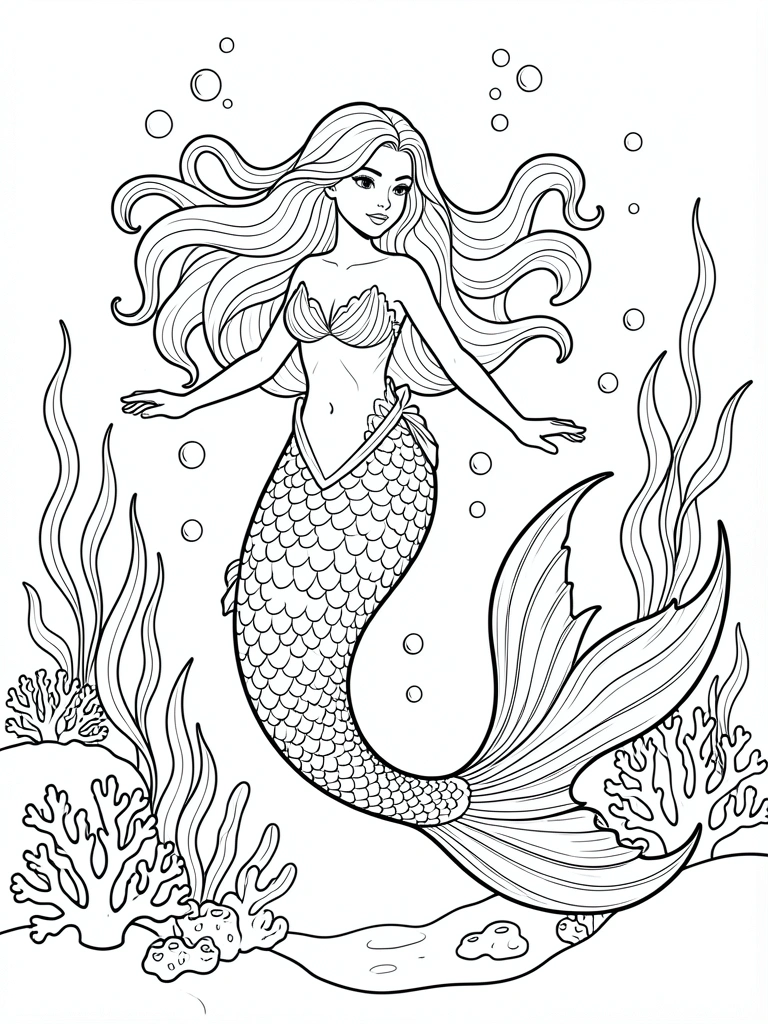 Sereia de cabelos loiros e cauda escamosa nada entre corais e algas, traços pretos em fundo branco, estilo para colorir.