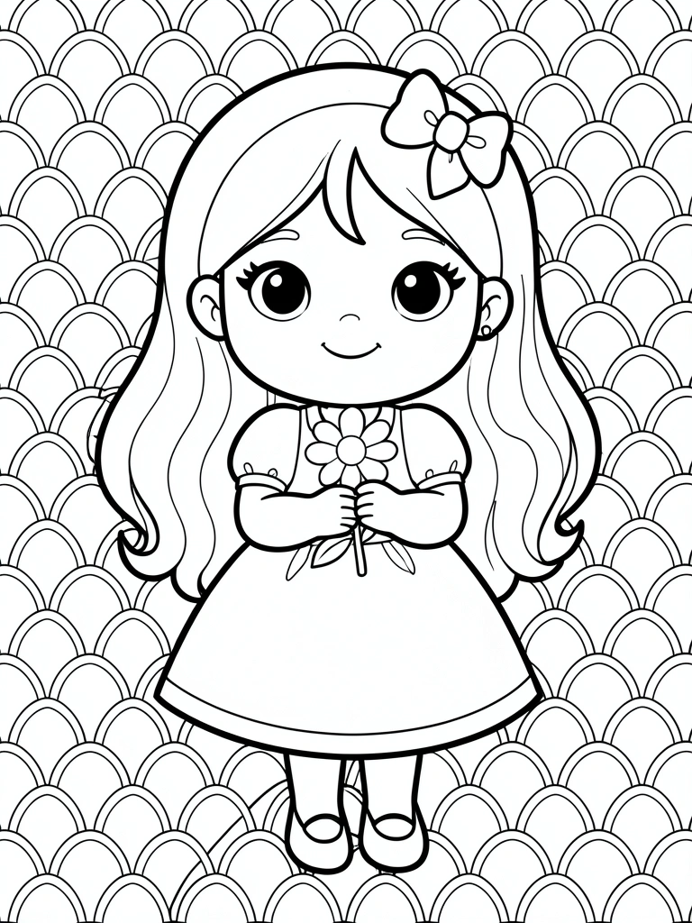 Menina de cabelo loiro comprido com laço e vestido rosa segurando flor, fundo de escamas estilizadas, arte linear preto e branco.