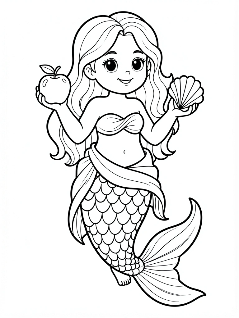 Sereia infantil com cabelos loiros ondulados segurando uma maçã e uma concha, cauda com escamas e barbatanas, pose lúdica com uma perna levantada.