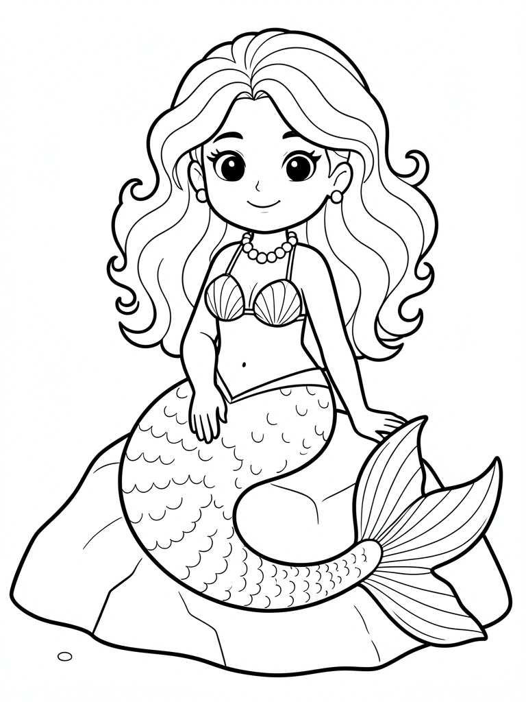 Sereia cartoon em preto e branco, peruca loira longa, colar de pérolas e sutiã de concha, cauda com escamas e barbatanas detalhadas, sentada em rocha.