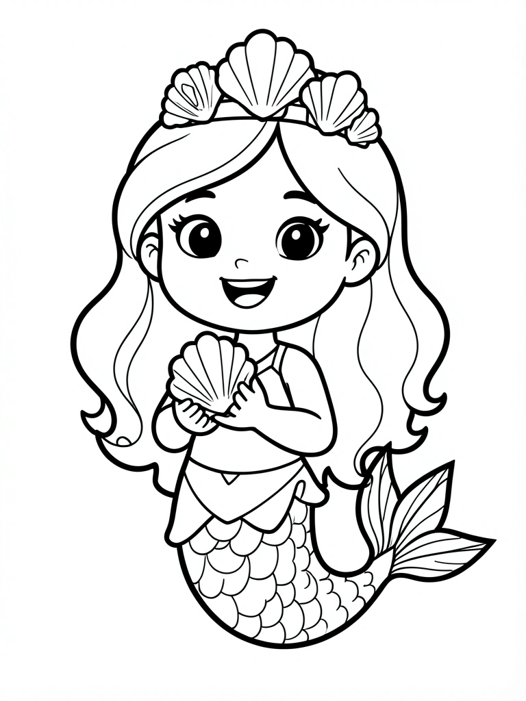 Desenho em preto e branco de menina com cabelos ondulados, coroa de conchas e cauda de peixe, segurando uma concha dourada.