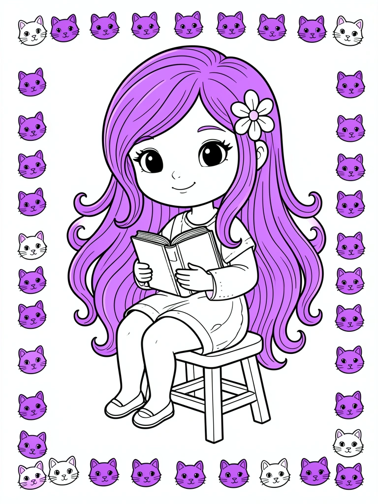 Garotinha de cabelo roxo comprido segurando livro fechado sentada em banquinho, margem com rostos de gato, preto e branco.