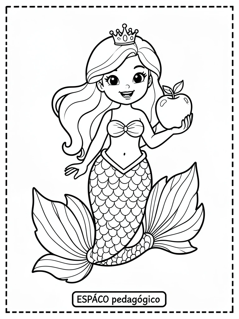 Sereia sorridente com cabelo rosa e cauda escamosa segurando uma maçã, moldura tracejada, fundo branco.