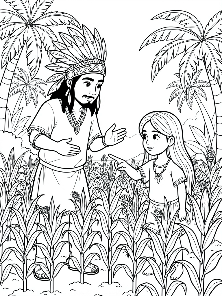 Desenho em linha preta e branca, estilo página de colorir: jovem indígena com cocar e menina apontando para plantação de milho, palmeiras e folhagens ao fundo.
