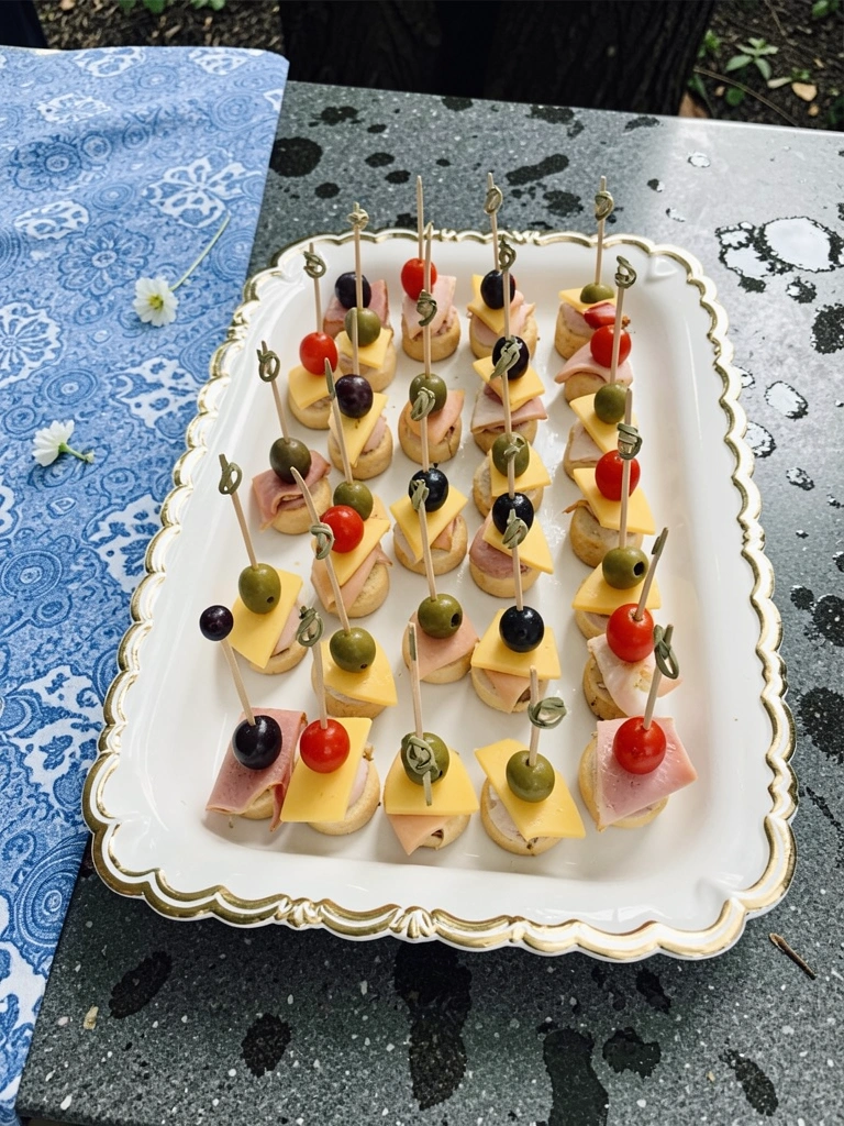 Tábua de madeira com petiscos variados, incluindo torradas, queijos e uvas, sobre mesa clara.