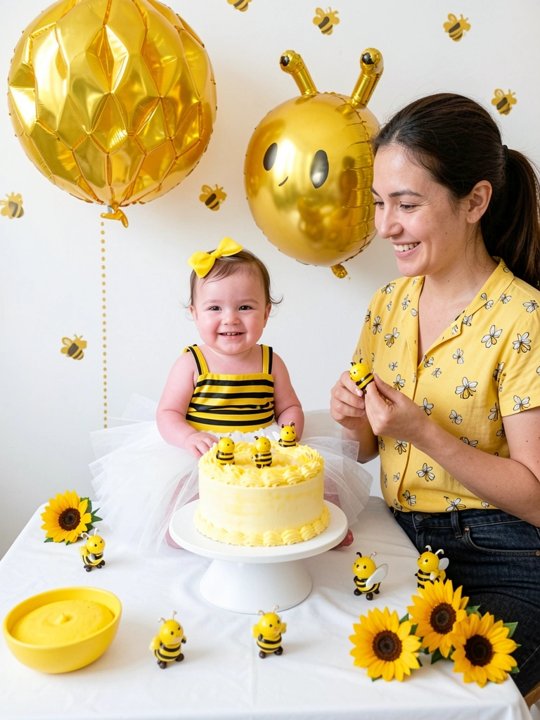 Bolo de aniversário de um mês com detalhes em azul e branco sobre mesa decorada com balões.