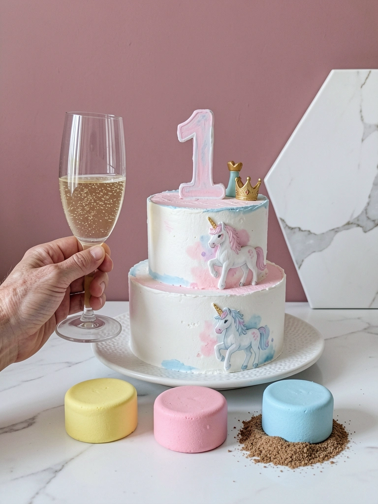 Bolo de aniversário de um ano com cobertura azul e detalhes em pasta americana sobre mesa de madeira.