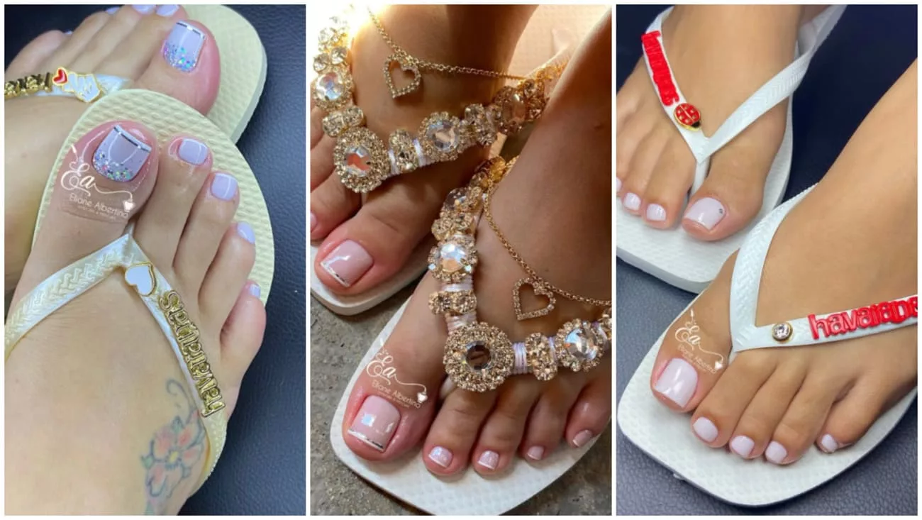 unhas dos pés com glitter