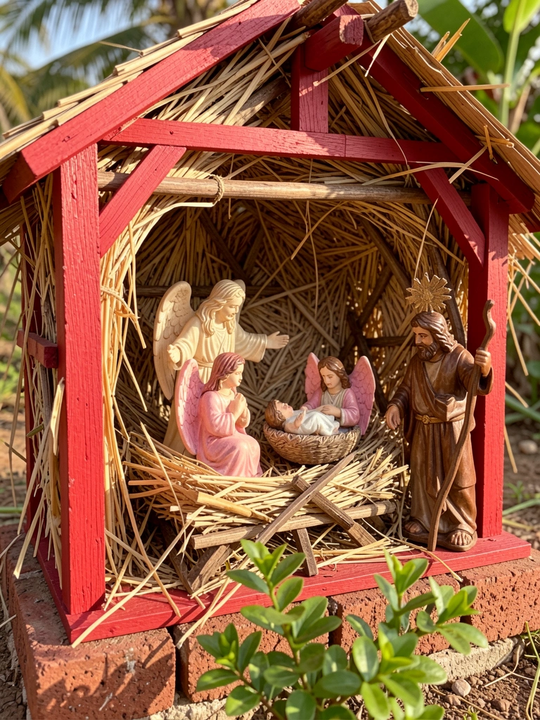 Anjo bege de braços abertos, anjo rosa segurando bebê Jesus e pastor marrom com cajado em presépio rústico de palha e madeira, moldura vermelha e base de tijolos, planta verde na frente, luz natural de dia.