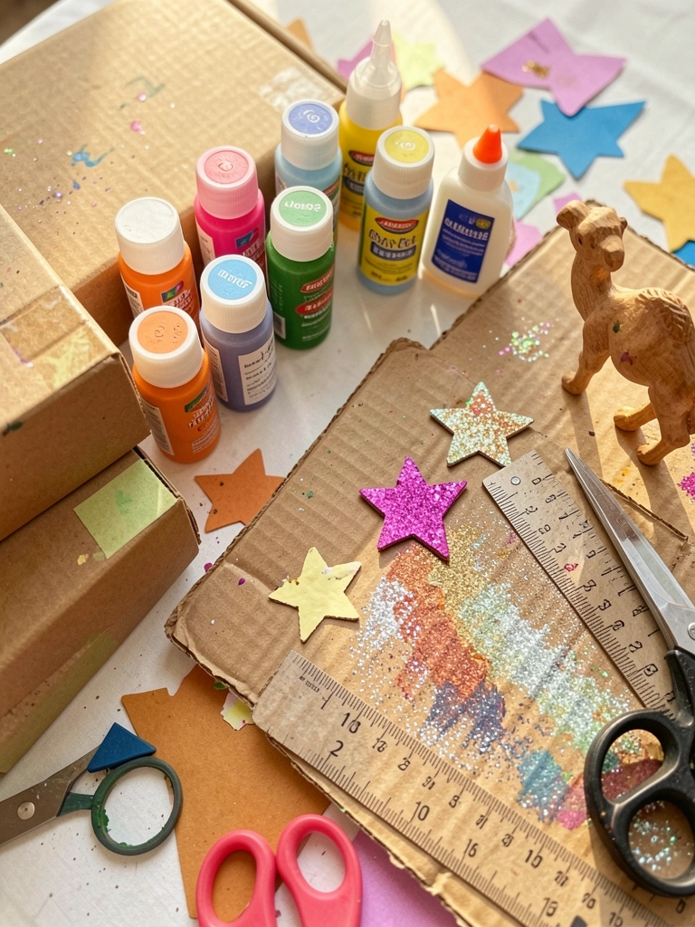 Caixas de papelão, tintas coloridas, purpurina e recortes de estrela sobre superfície clara, luz natural do dia.