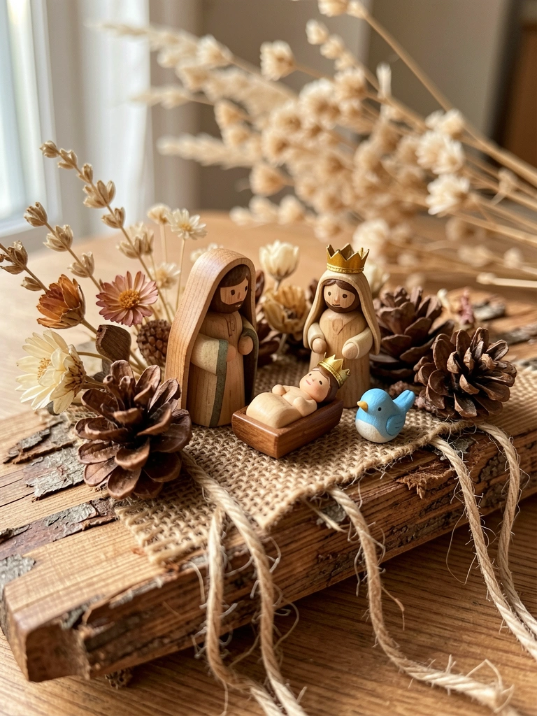 Miniatura de presépio rústico em base de madeira com figuras de palha, coroa dourada e um pássaro azul, luz natural suave.