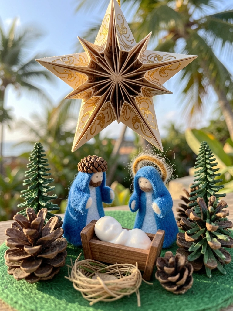 Feltro verde com presépio artesanal: pastor de feltro azul com cabeça de pinha, estrela de papel dourada pendurada por fio, e berço de madeira com bebê de cerâmica branca, tudo sob luz natural.