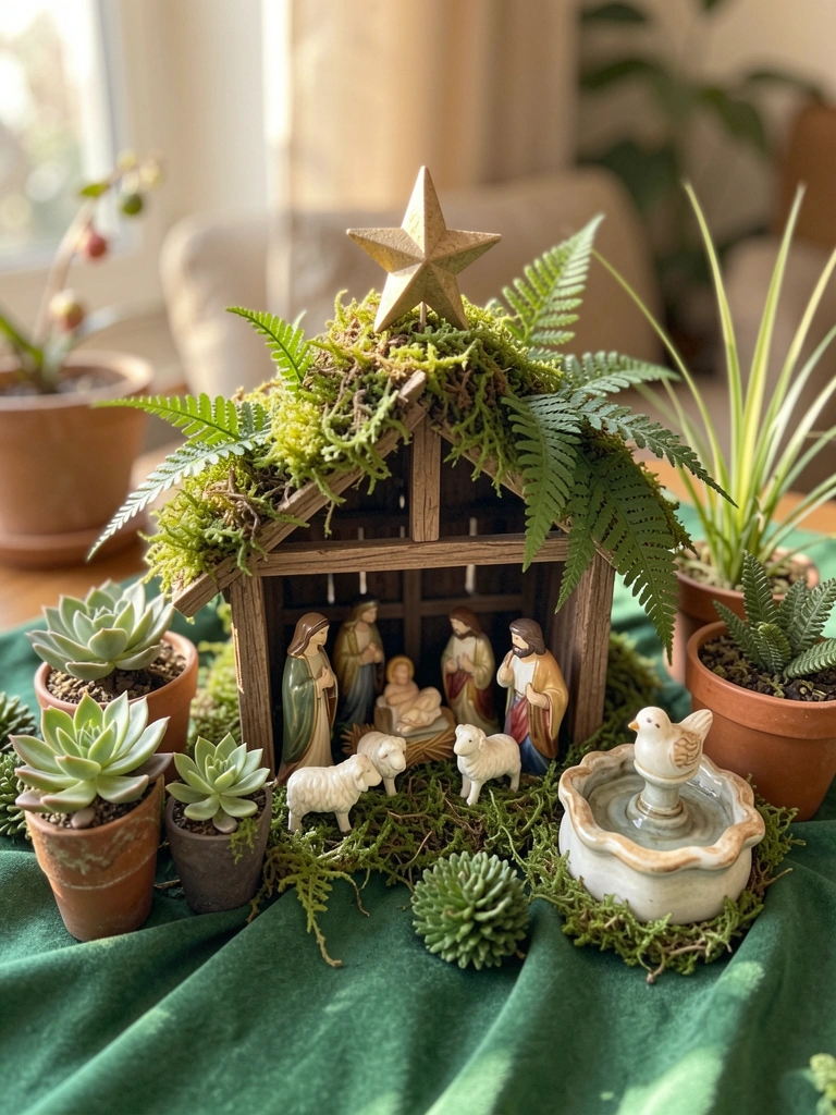Presépio em miniatura com estábulo coberto de musgo, figuras de cerâmica de Maria, José e o menino Jesus, além de suculentas em vasos e uma fonte decorativa com pássaro, sob luz natural suave.