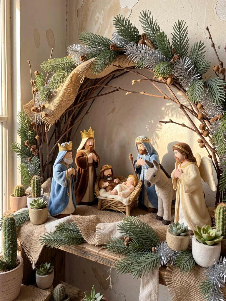 Presépio artesanal em prateleira rústica com figuras de pano, ramos secos e luz natural difusa.