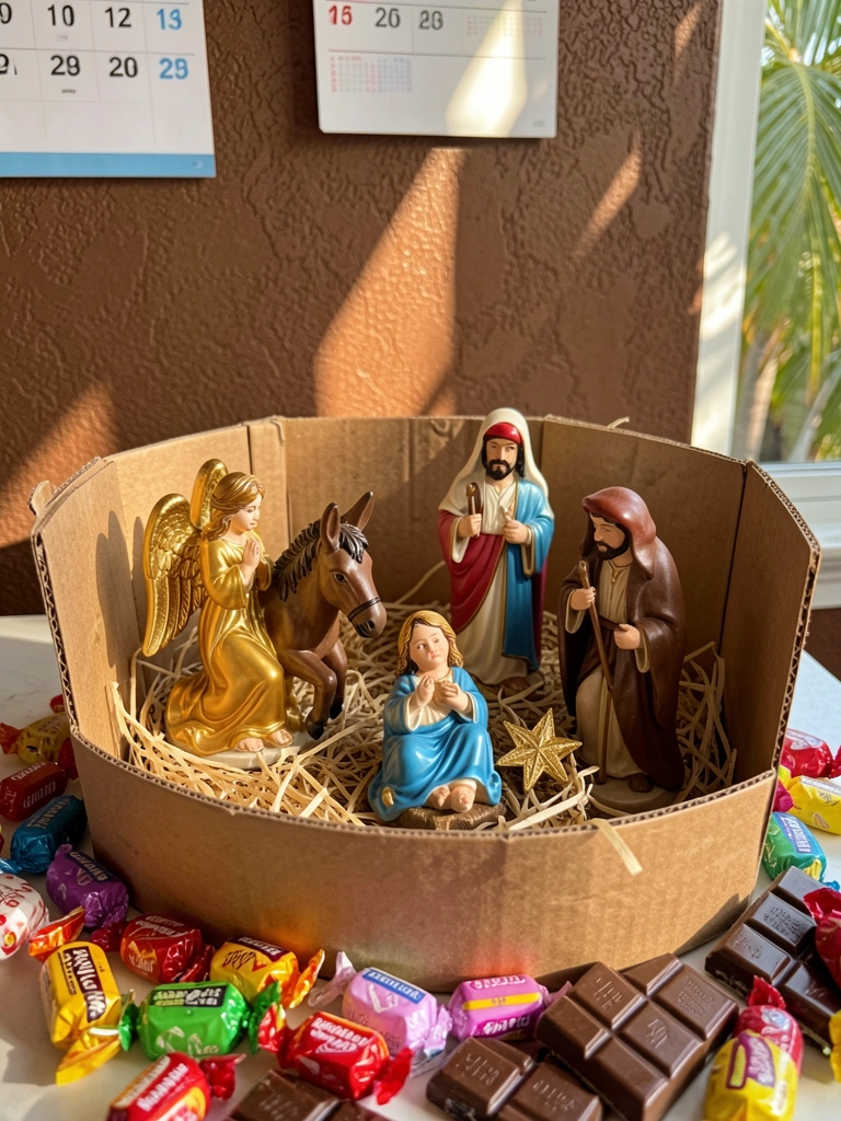 Presépio em manjedoura rústica com anjo dourado, burro marrom e Menino Jesus de azul, cercado por embalagens coloridas de doces sob luz natural.