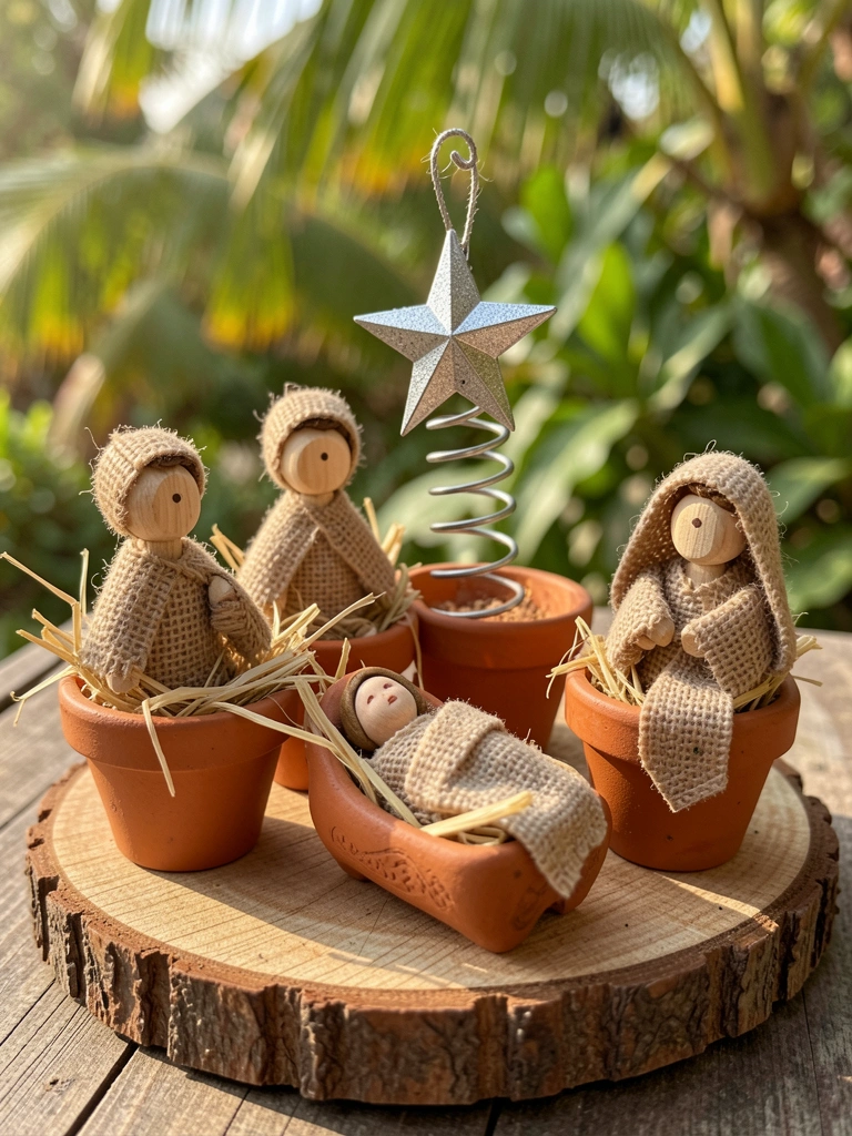 Miniatura de presépio em terracota e madeira sobre base rústica, com luz natural e fundo verde