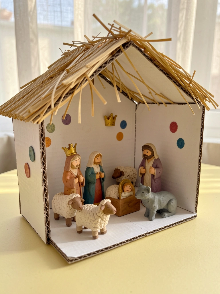 Presépio artesanal de papelão com telhado de palha, figuras de barro de Maria, José, Jesus, ovelhas e gato cinza, sobre superfície amarela clara sob luz natural.