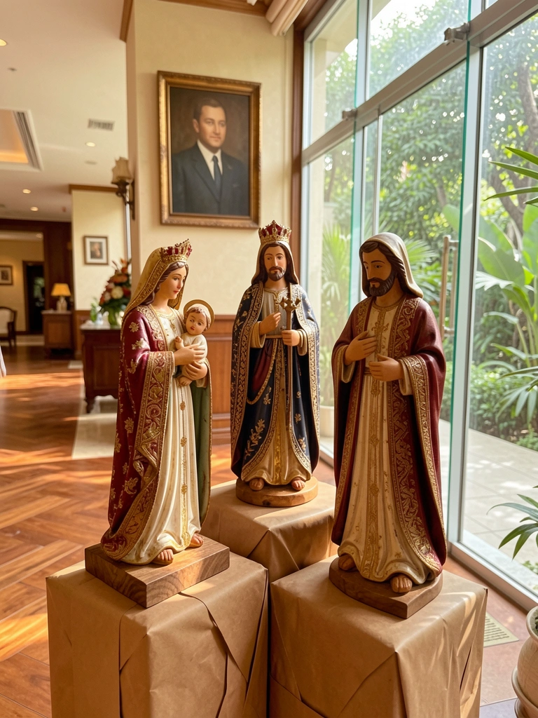 Três figuras de presépio em madeira entalhada sobre caixotes de madeira envoltos em papel pardo, luz natural incide pela janela ampla do hotel, piso de madeira polida ao fundo.