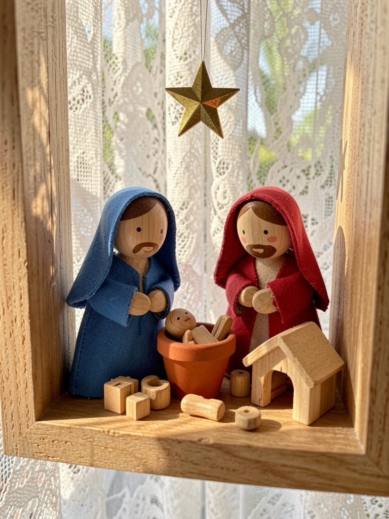 Figuras de madeira de Maria e José em nicho de parede, com menino Jesus em vaso de terracota, estrela dourada suspensa e fundo de renda branca iluminado por luz natural.