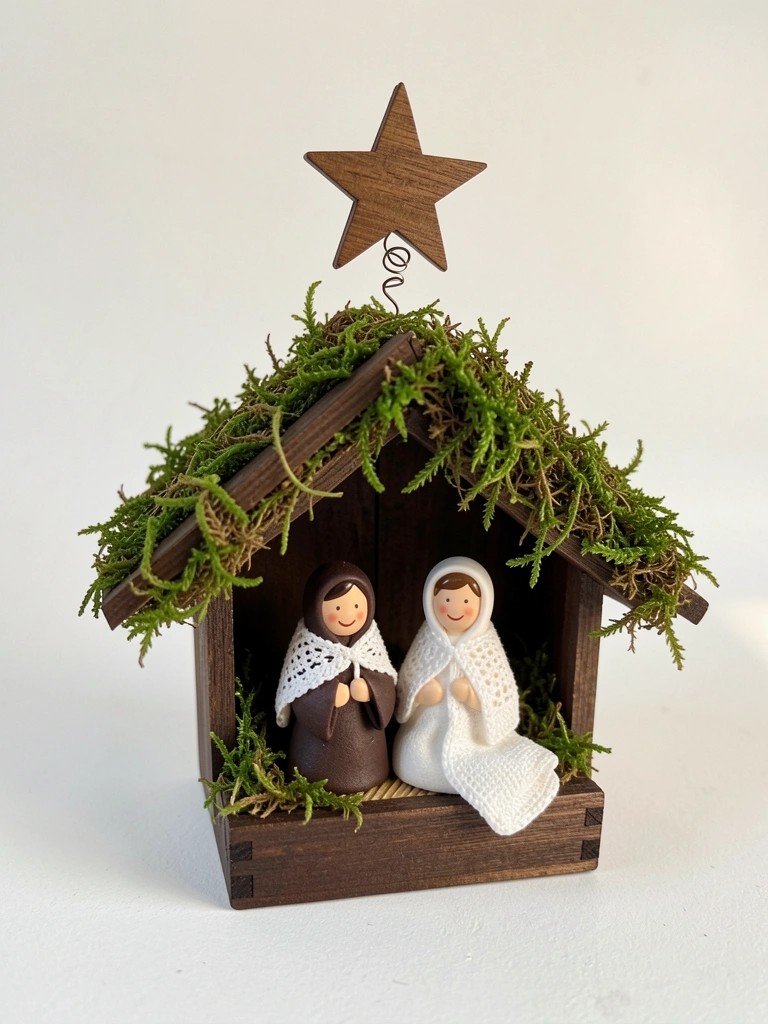 Miniatura de presépio em manjedoura de madeira com telhado de musgo, estrela de arame e luz natural suave.