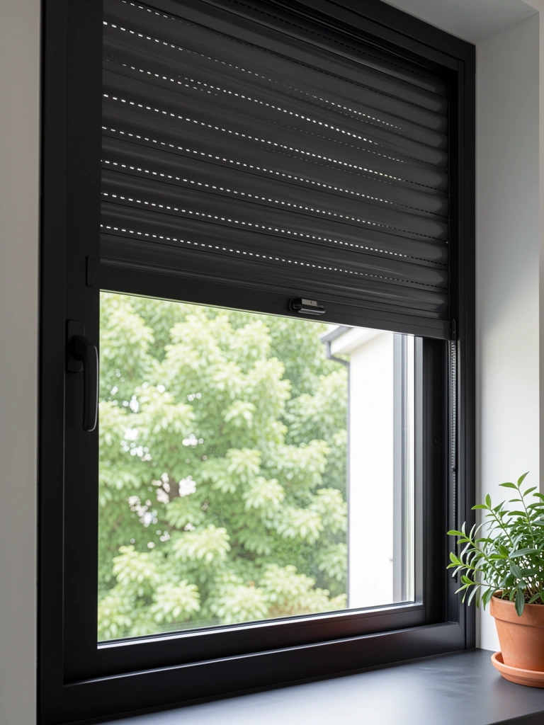Janela preta minimalista com persiana cinza escura, vista de árvores verdes e vaso de planta no parapeito, luz natural suave.