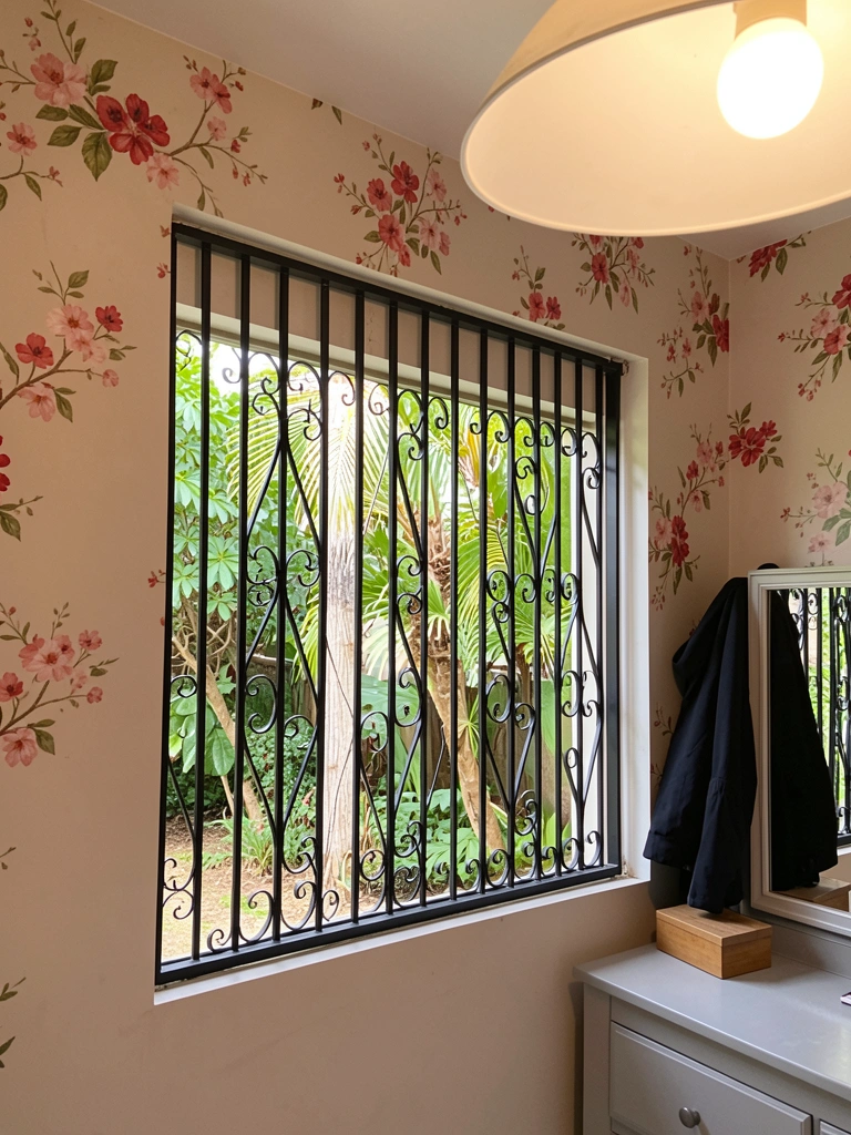 Janela com grade de ferro preta exibe jardim verde através das ripas, parede bege com papel floral rosa, lustre branco pendente, penteadeira com espelho sobre cômoda cinza.