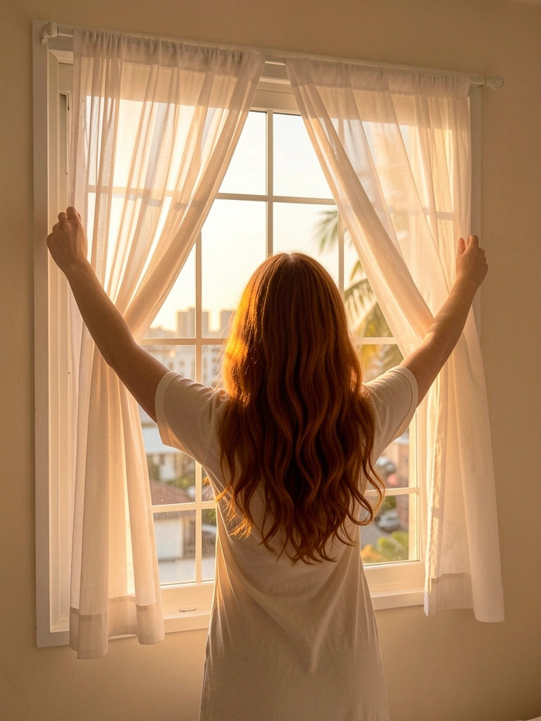 Mulher ruiva de braços abertos ajusta cortinas brancas translúcidas em janela de quarto, luz solar quente atravessa o tecido, vista urbana desfocada ao fundo.