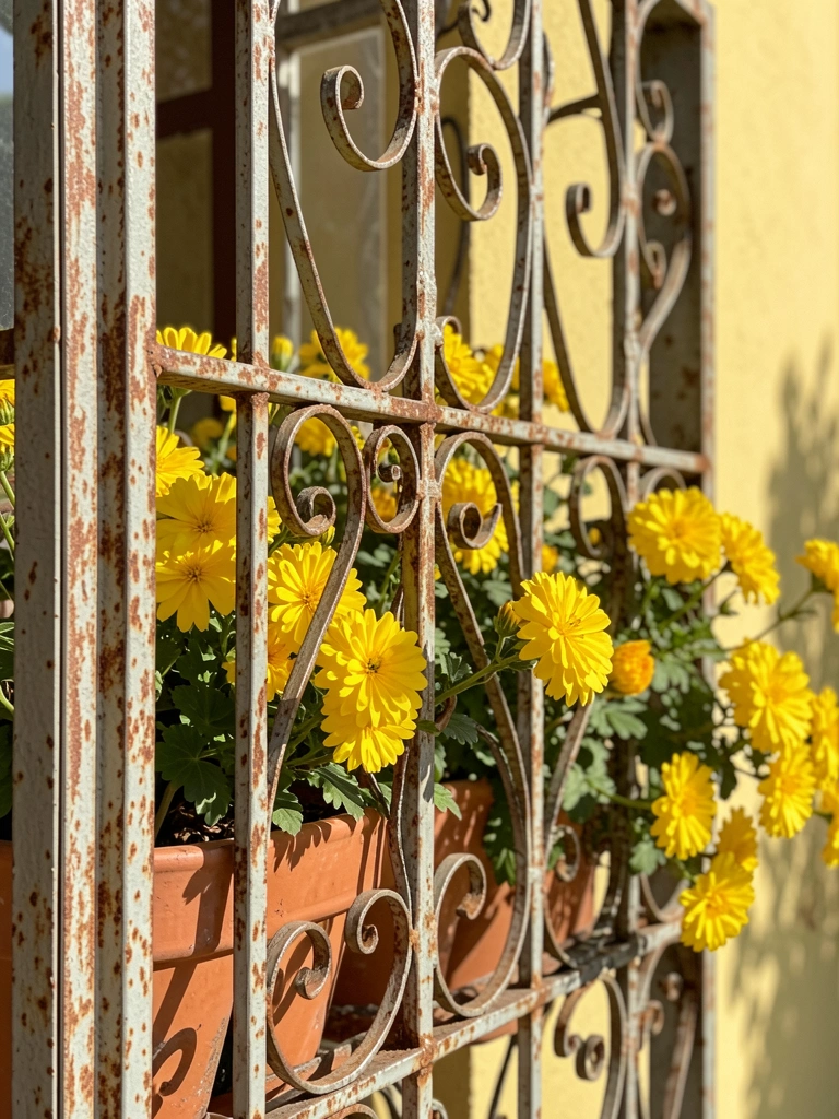 Janela de metal forjado com ferrugem e vasos de terracota com flores amarelas, luz do sol criando sombras na parede amarela.