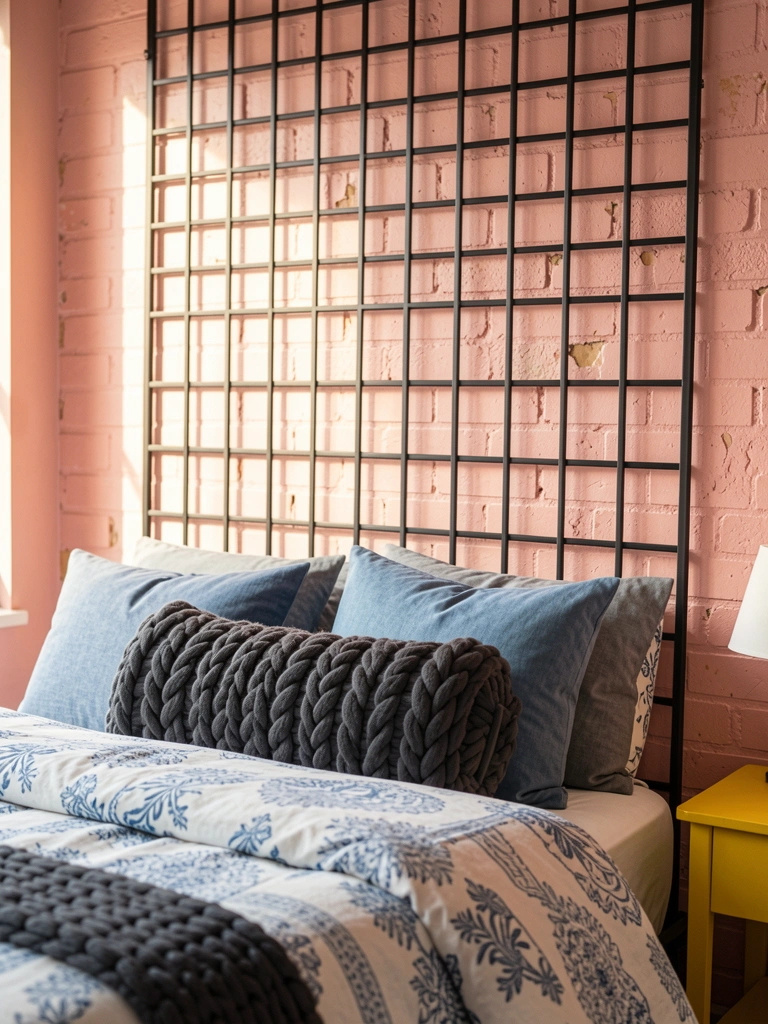Tela preta de metal contra parede de tijolos rosa blush, cama com edredom branco e azul, mesa amarela com abajur, luz natural da esquerda.