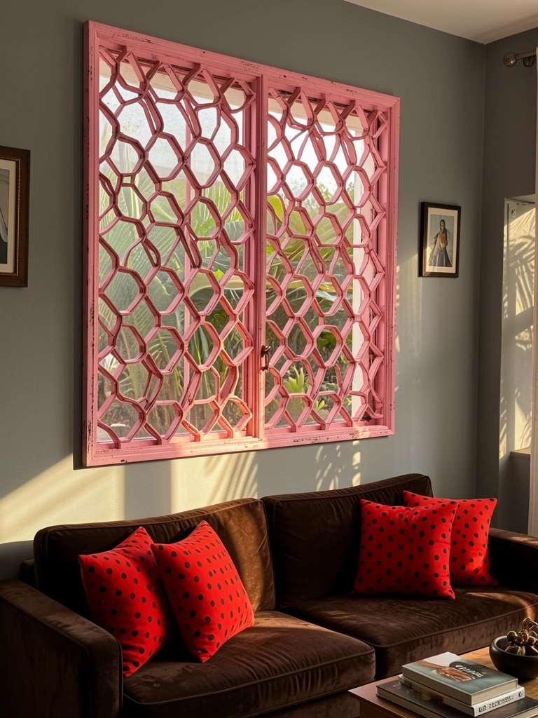 Grade de janela de metal rosa com desenho geométrico hexagonal, sofá marrom com almofadas vermelhas e pretas, luz natural filtrada.