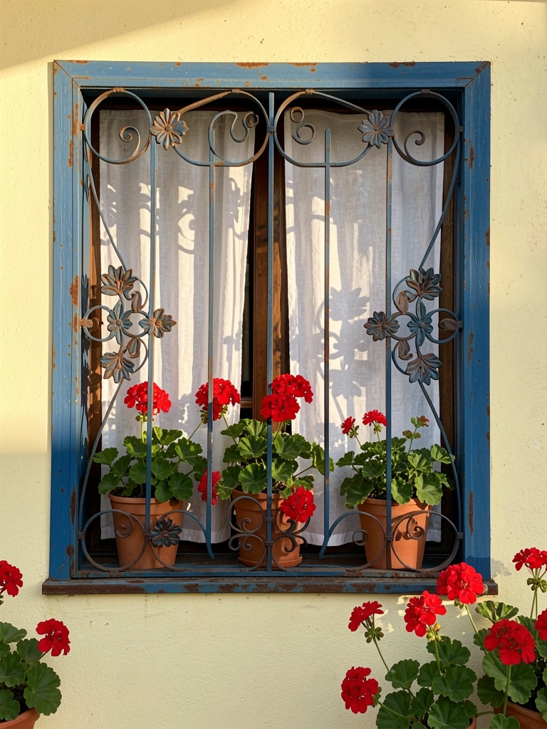 Janela de ferro forjado azul com detalhes florais, cortina de linho branca, vaso de terracota com gerânio vermelho, luz solar filtrada criando sombras na parede amarela clara.
