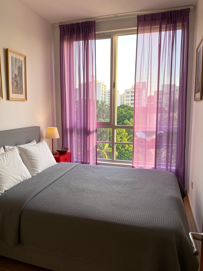 Cama cinza com colcha texturizada e travesseiros brancos, criado-mudo vermelho com abajur, janela com cortinas roxas e vista da cidade com árvores.