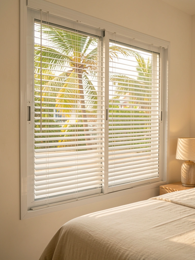 Janela corrediça de alumínio branco com persianas horizontais, cama com colcha bege clara e mesa de cabeceira com abajur, luz natural entrando.