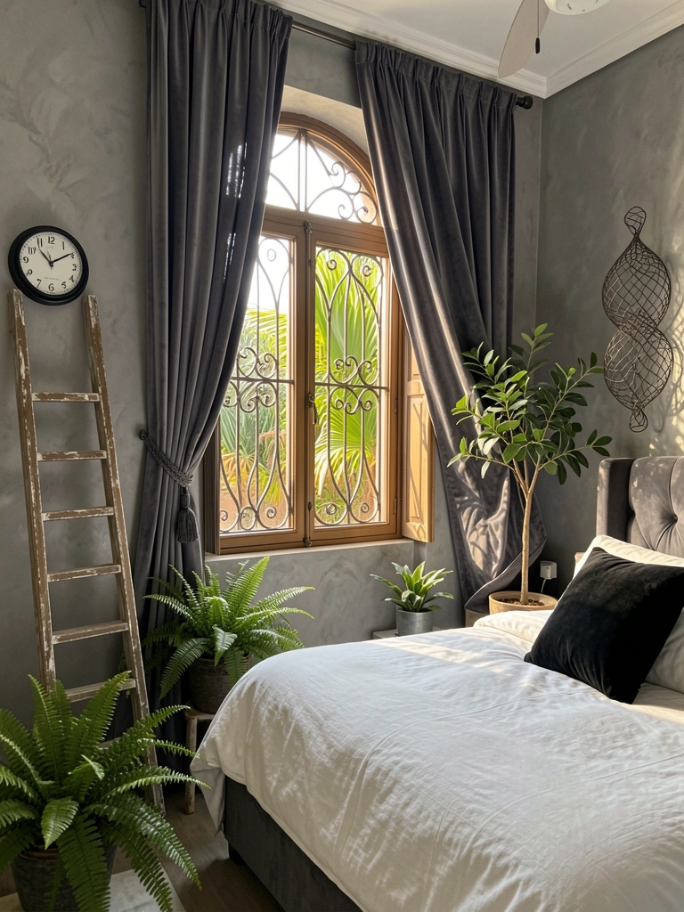 Quarto com janela veneziana ornamentada, grades de metal, cama cinza, edredom branco e plantas como samambaias em vasos, luz natural filtrada.