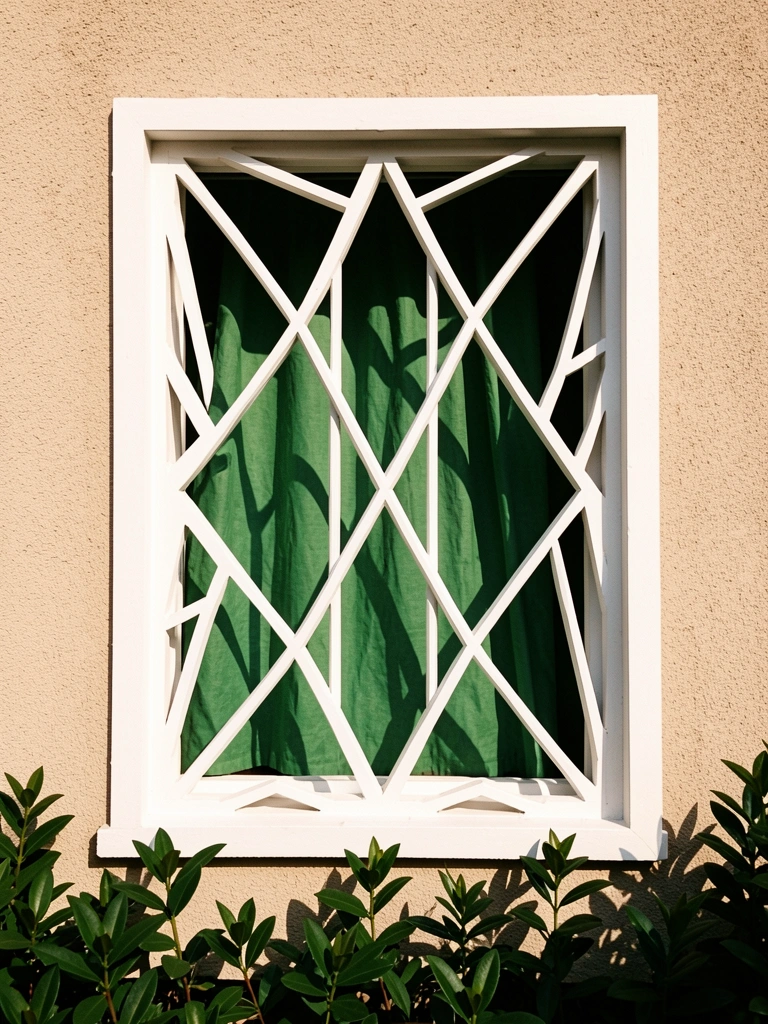 Moldura de janela branca com padrão geométrico intrincado sobre parede bege texturizada, cortina verde e folhagem na base, luz natural difusa.