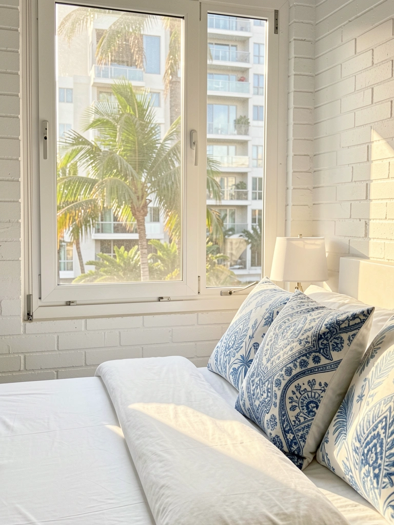 Cama branca com edredom e almofadas azuis e brancas, parede de tijolos brancos, janela com vista para palmeiras e prédio, abajur com cúpula clara, luz natural.