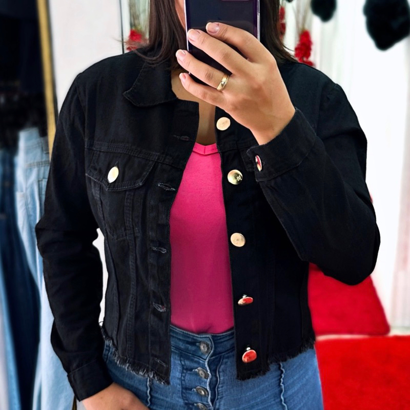 jaqueta jeans preta com vestido