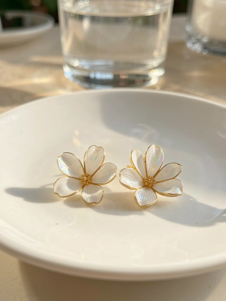 Brinco de flor branca com pétalas esculpidas sobre prato de porcelana, copo de vidro desfocado ao fundo com luz solar.