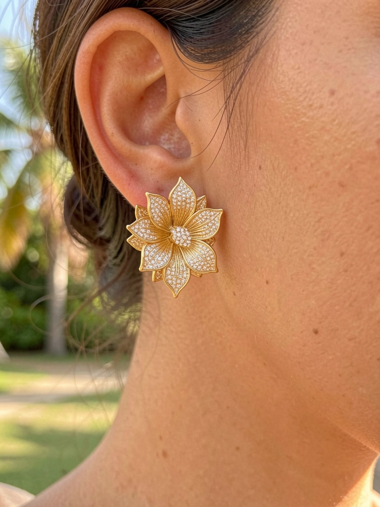 Brinco de flor de jasmim em ouro com diamantes, luz natural suave, pele com brilho saudável ao fundo desfocado.