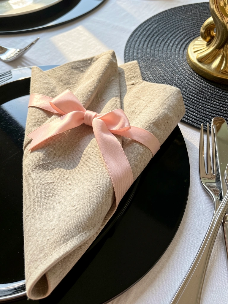 Guardanapo de linho bege amarrado com laço rosa sobre descanso preto brilhante, talheres prateados e escultura dourada à direita, luz natural incide sobre a mesa branca.