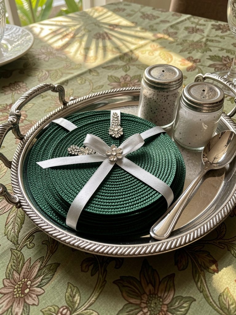 Guardanapos verdes escuros com detalhes prateados sobre bandeja de prata, colher e pote de sal, luz natural suave.