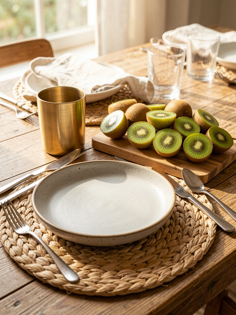 Close-up de mesa rústica com descanso de palha, prato cinza claro, talheres dourados e metade de kiwis verdes em tábua de madeira, luz natural.