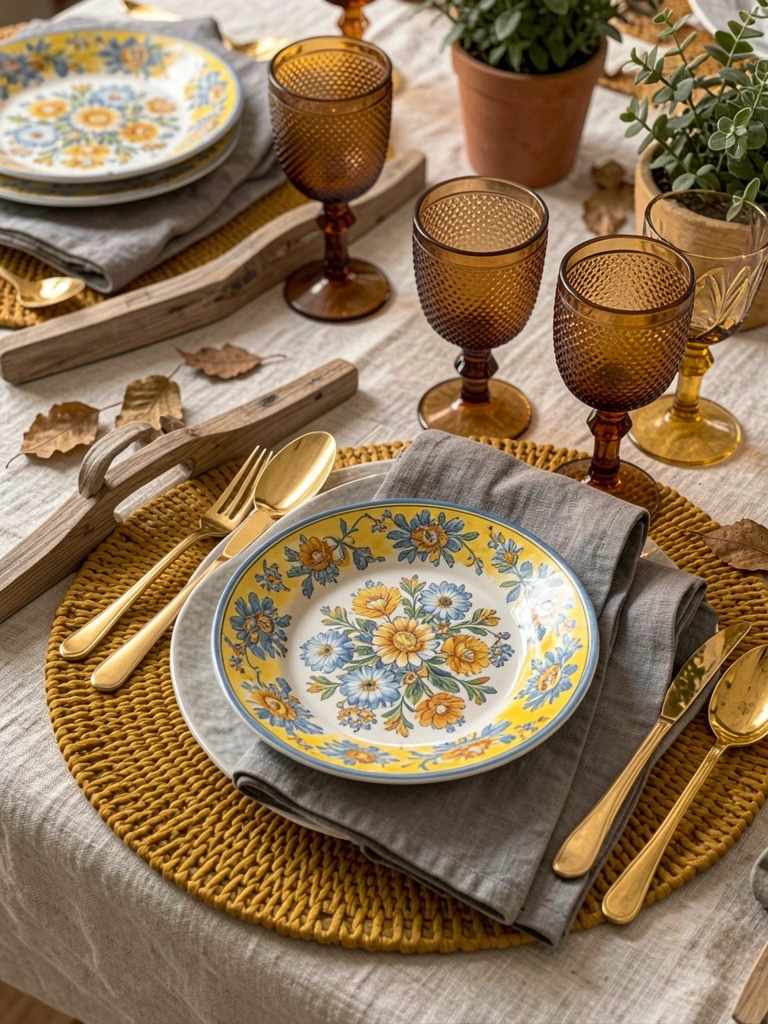 Toalha de linho, bandeja rústica de madeira e prato floral amarelo e azul sobre guardanapo cinza; talheres dourados, copos âmbar e esteira amarelo-mostarda, com luz natural aquecida.