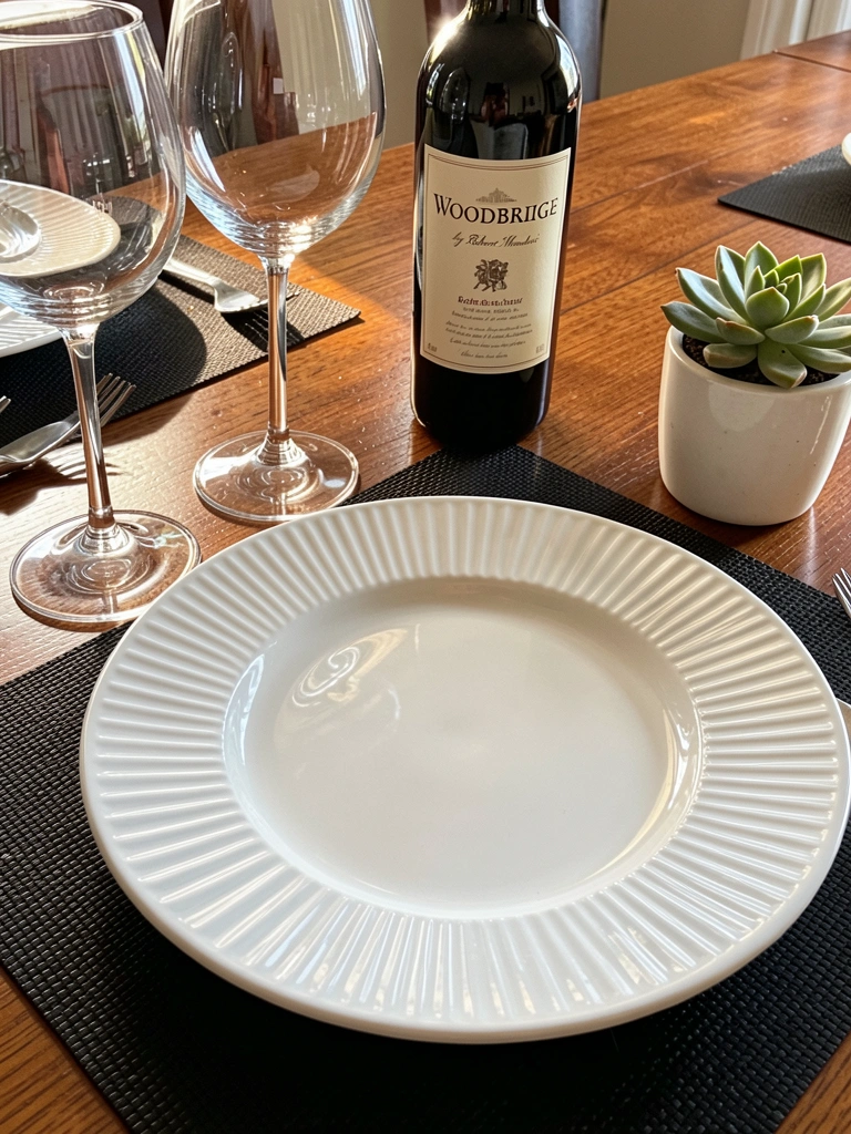Prato de cerâmica branca canelado sobre sousplat preto texturizado, taças de vinho à esquerda refletindo luz natural, suculenta em vaso branco à direita.