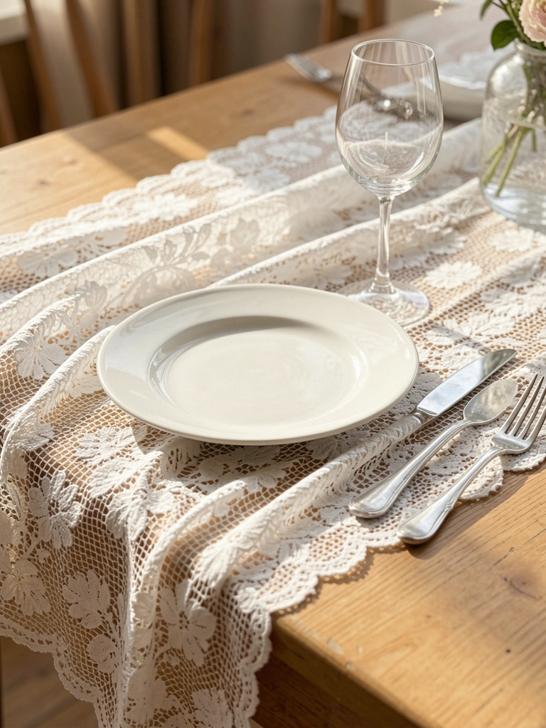 Toalha de mesa de renda branca com prato de cerâmica e talheres prateados sobre mesa de madeira clara, luz natural e fundo desfocado.