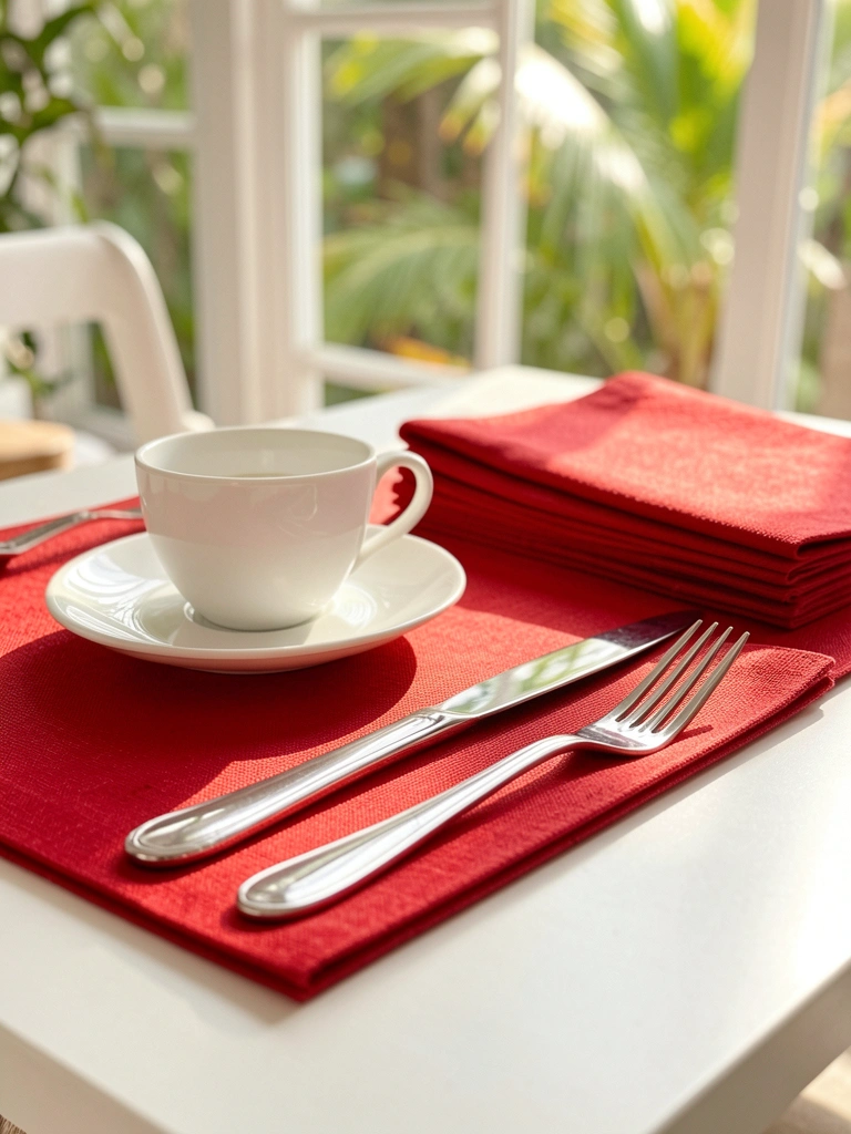Jogo americano vermelho sobre mesa branca com xícara, pires, talheres prateados e sousplats dobrados, luz natural intensa.